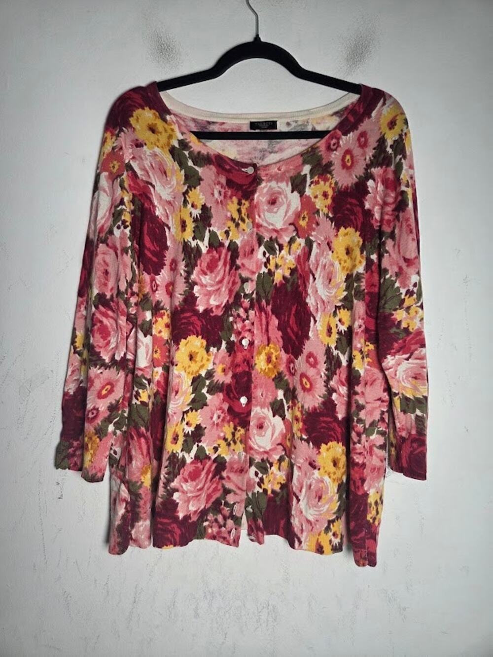 Talbots Pink & Red Bold Floral Romantic Silk & Cotton Knit Cardigan size 1X